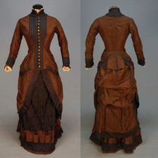 1880s Gothic Stripe Bustle Dress Victorian Renaissance Noble Walking Ball Gown