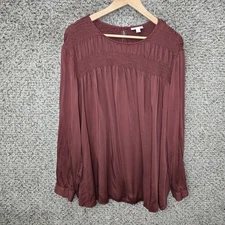 J Jill Top Womens Plus 2X Rust Smocked Long Sleeve Blouse Keyhole Button Ladies