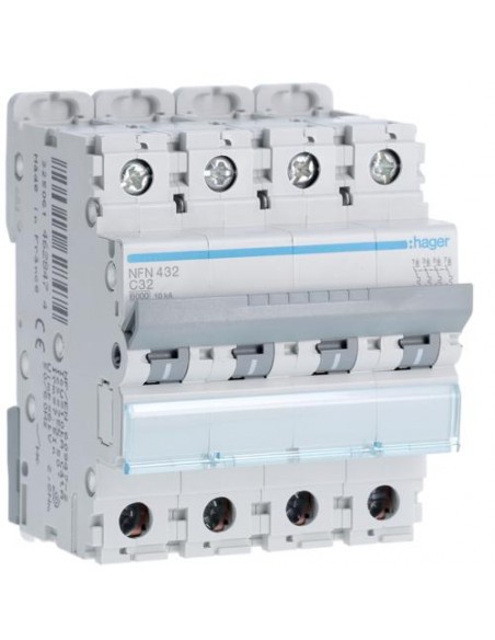 Disjoncteur Hager NFN432 4 pôles 32A courbe C 10kA pour tableau électrique triphasé