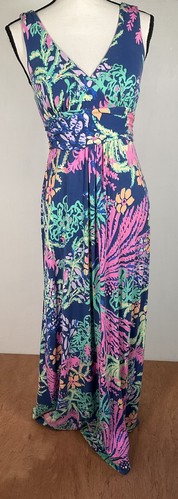 Lilly Pulitzer Kleid Damen Medium Maxi Blau Neon Blumen Tropical Strick V-Ausschnitt - Bild 1 von 16