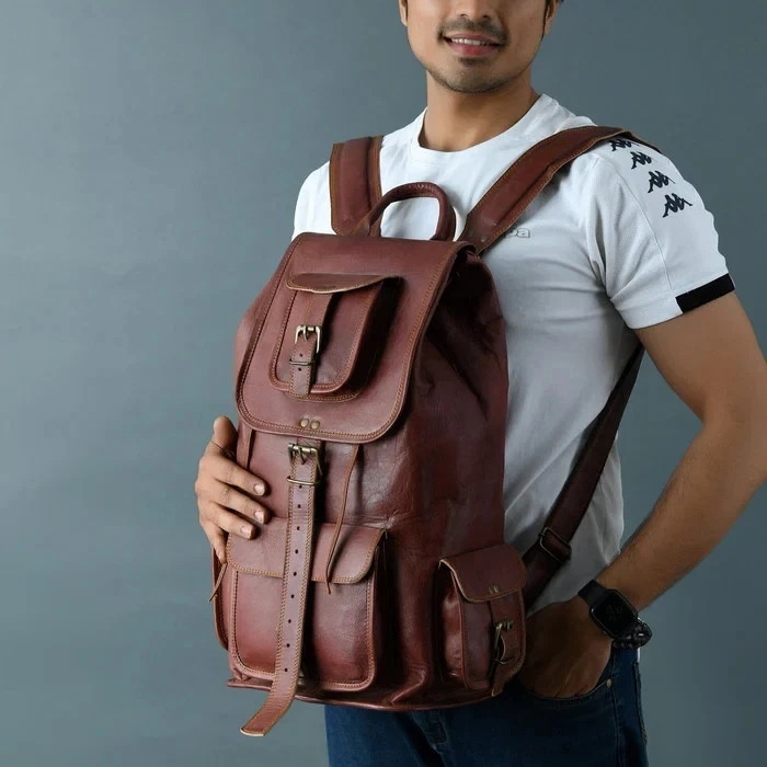 Vintage Genuine Leather Backpack Men’s Brown Goat Leather Laptop Travel Rucksack
