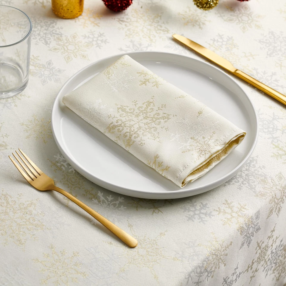 Christmas Tablecloth, White & Gold Snowflake Table Cloth, Metallic Fabric Tab... - Image 4 of 4