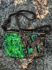Iridescent Flip Up Sequins Reversible Black And Green-blue Makeup Bag