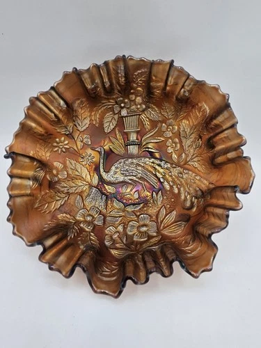 FENTON Amethyst Carnival Glass Peacock & Urn Ruffled Edge 8-Inch Bowl