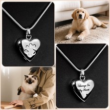 Silver Paw Print Heart Pet Ashes Memorial Necklace Fit For Dog Cat Ashes