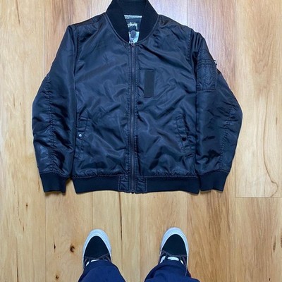 Vintage Stussy Men S Black Quilted Bomber Jacket Size Small Repaired