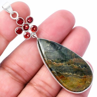 Rhyolith - Regenwald Jaspis & Granat 925 Sterling Silber Anhänger Schmuck P-1122
