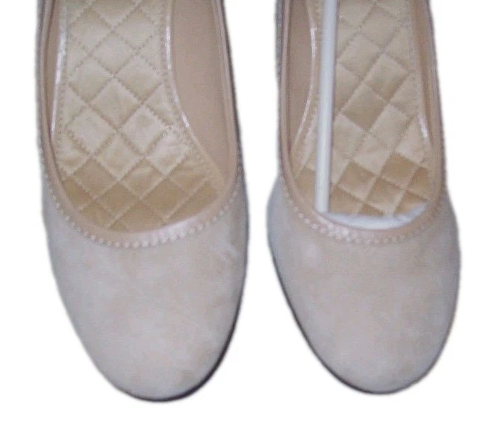 女士 Land's End 鞋码 10 麂皮绒皮革米色绗缝鞋底高跟鞋 B — 第 3/4 张图片