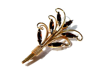 Broche Feuille Avec Cristal Ambré En Alliage Doré - Bijou Fantaisie Occasion, Très Bon état, Idéal Cadeau