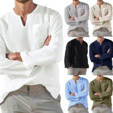 Men Casual Shirt Long Sleeve Cotton Linen Beach T Shirt Lightweight New 8 Colors