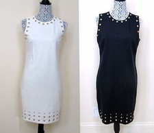 NEW MICHAEL KORS CREAM WHITE OR NAVY BLUE+GOLD TONE STUDS FANCY DRESS+ZIPPER