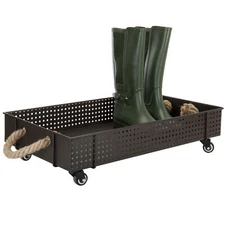 MyGift Industrial Brown Metal Rolling Boot Shoe Storage Cart with Rope Handle