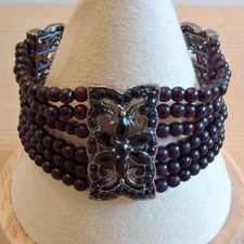 Vintage Multi Strand Silver Tone and Black Bead Stretch Bracelet