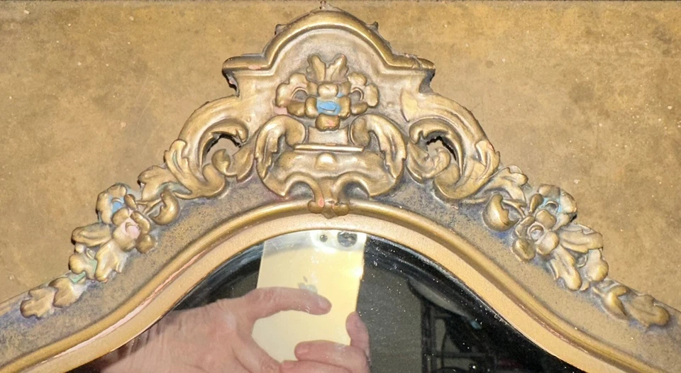 Original Antique Mirror Carved Wood Hollywood Regency 22x14 Gold Sheen Elegance - Image 4 of 4