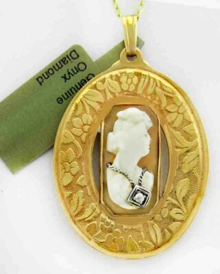 VINTAGE Black Onyx diamond Carved Shell CAMEO 14K Yellow