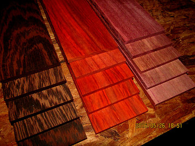 15 PIECE THIN EXOTIC BLOODWOOD, PURPLEHEART, WENGE WOOD LUMBER 12'' X 3'' X 1/8''