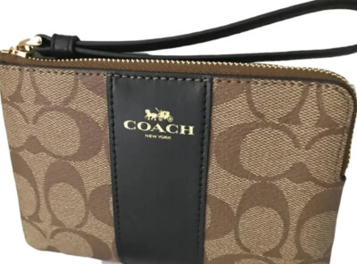 Coach Wristlet F58035 SIG PVC LTH CRN ZIP Strap Zipper Khaki