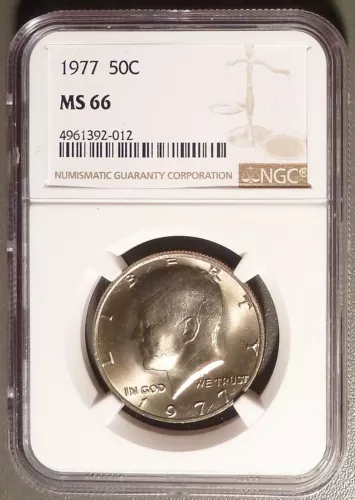 1977 Kennedy Half Dollar NGC graded MS66, Nice Gem with Light Toning.