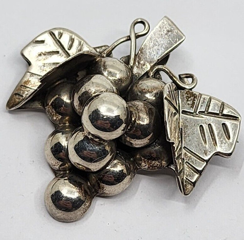 Taxco Mexico Sterling Silver Grape Vin Pin Brooch Heavy Silver