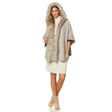 ADRIANNE LANDAU Size M/L Hooded Kimono Jacket Faux Fox Trim TAUPE