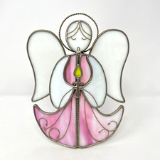 Stained Glass Pink White Angel Holding Candle Tea Light Votive Holder Christmas