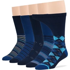 Men Diabetic Wide Cotton Crew Sock 5 Pack Large-Stripe Navy Blue, Denim Blue