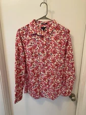 LANDS END  Women’s Size 12  Pink White Floral *No Iron Supima*  Blouse
