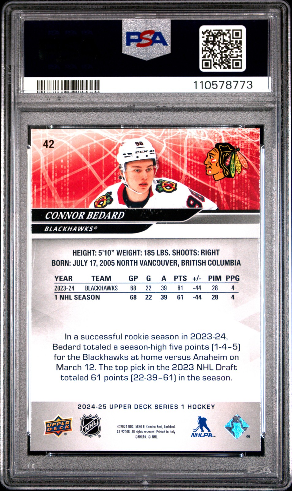 2024 Upper Deck #42 Connor Bedard PSA 9 view 2