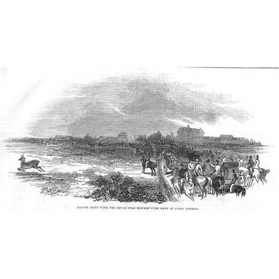 Osterjagd mit den königlichen Hirschhunden bei Stoke Common - antiker Druck 1845