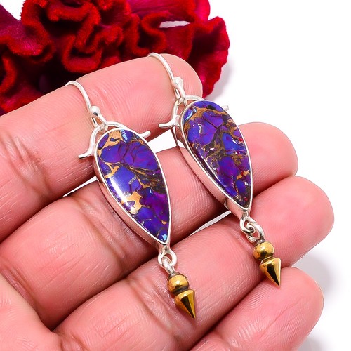 Copper Purple Turquoise 925 Sterling Silver Two Tone Arrow Head Earring 2.18" E4