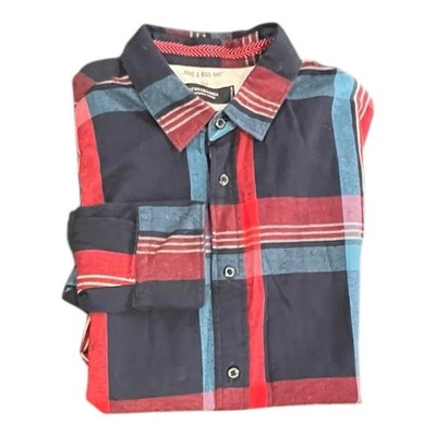 Scotch & Soda Mens Large Blue Red Plaid Oxford Button Up Shirt Long Sleeve