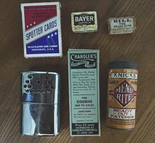 Grandpa’s junk drawer lot Advertising Box Tin Can Cards Jon-e Hand Warmer