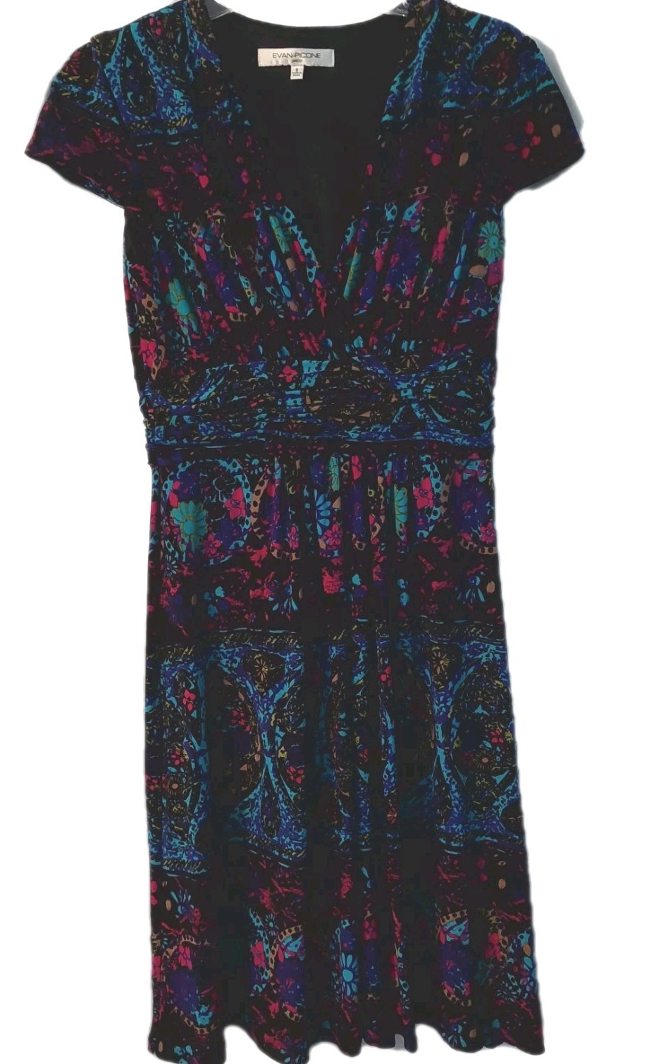Evan Picone Womens Dress Size 8 Floral Ruched Midi Black Blue Boho Cap Sleeve