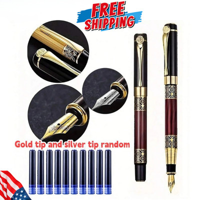 Fine Nib Metal Fountain Pen With 10pc Refillable Ink Cartridges Calligraphy Pen