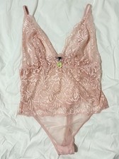Cassandra Intimates Pink Lace Plunge Neck Bodysuit Teddy Large