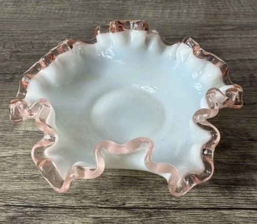 Fenton Rose Crest Ruffled Bowl Milk Glass Candy Dish White Pink Vintage 6”