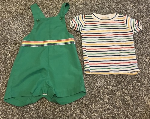 Vintage Healthtex Green Overalls Rainbow Belt Striped Shirt 18-24 Months Y2K