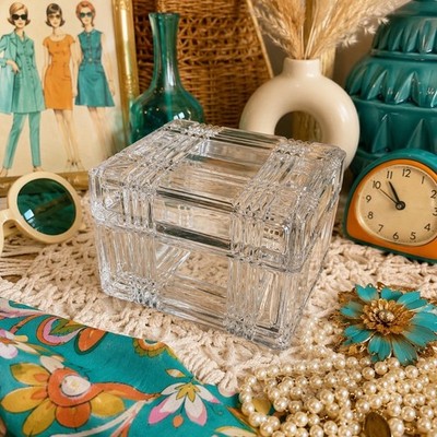 Vintage Geometric Plaid Clear Glass Trinket Box Square Lid Art Deco MCM Decor