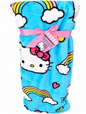 New Hello Kitty Rainbows Bright Blue Plush 60 x 70 Throw Blanket With Tag