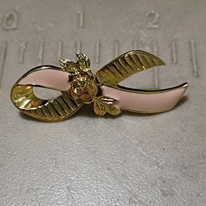 Gold Tone Pink Ribbon Pinback Lapel Pin with Rose Accent