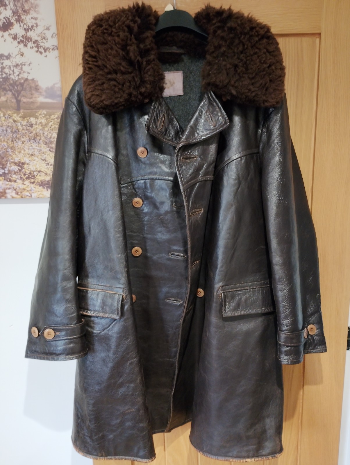 Swedish Officer's Vintage Double-Breasted Leather Jacket WW2 Brown Size 42R