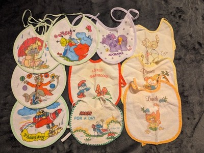 Lot Of 80s Vintage Baby Bibs Smurfs, Days Of Week, Gerber, Animals Fun Graphics