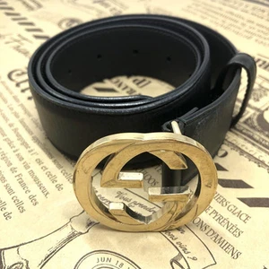 Gucci Ceinture Enclenchée GG Boucle Dorée 75/30 370543 Cuir Noir OCCASION