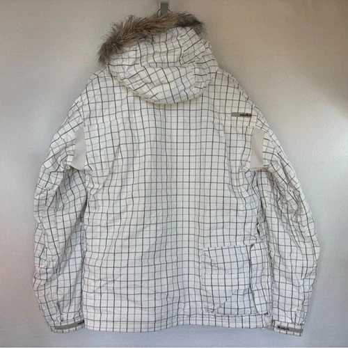 PLANET EARTH Men's Snowboard Coat Large White Checkered Ski Jacket Faux Fur Hood image 5