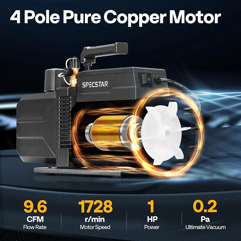 Bomba de vacío de aire HVAC de doble etapa con botella de aceite 110 V 9,6 CFM 1 HP con paletas rotativas Foto 3 de 4