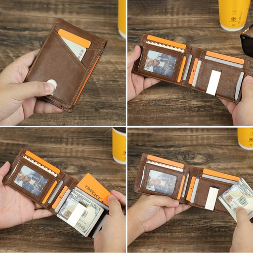 Contacts Men's Full Grain Cow Leather RFID Wallet Photo 9 Card Holder Money Clip - Picture 9 of 11