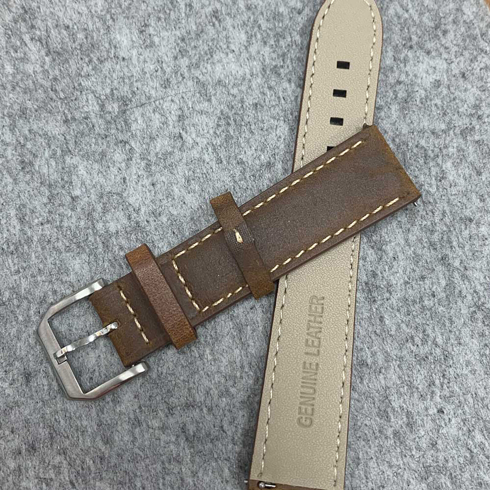 Genuine Leather Watch Band 20x18mm with Stainless Steel Buckle - Brown-image