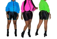 USA Women Two Piece Set Neon Top+Shorts Matching Sets Tracksuit Outfits #JS