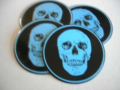 SKULL SKELETON WHEEL CENTER CAP EMBLEMS 4 ALUMINUM STICKERS DECAL 2 5/16'' BLUE