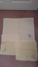 3 VINTAGE YELLOW FLORAL EMBROIDERED MATS COVERS CLOTHS SERVIETTES FLOWERS